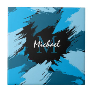 Brushstrokes shades of blue name with monogram ceramic tile