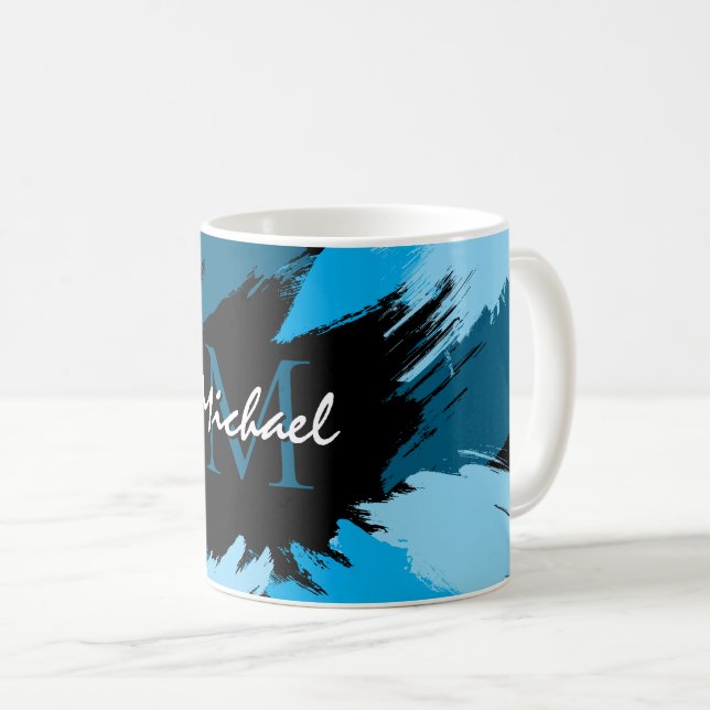 Brushstrokes shades of blue name with monogram coffee mug (Front Right)