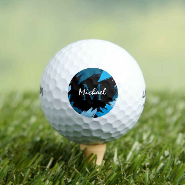 Brushstrokes shades of blue name with monogram golf balls (Insitu Tee)