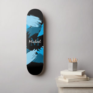 Brushstrokes shades of blue name with monogram skateboard