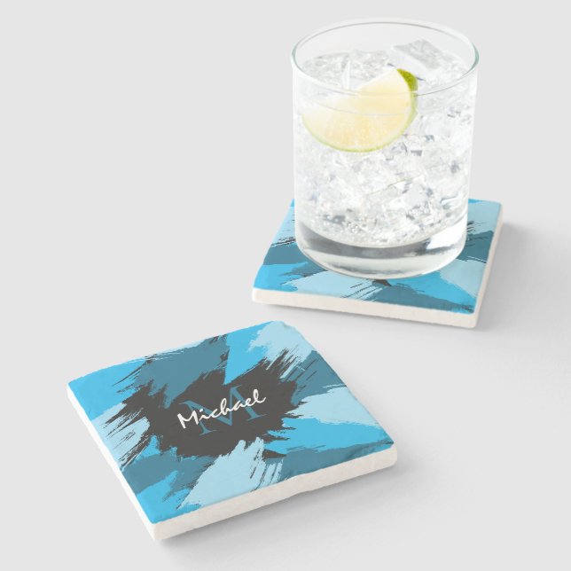 Brushstrokes shades of blue name with monogram stone coaster (Side)