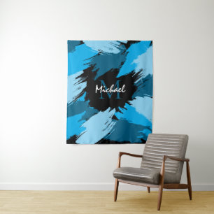 Brushstrokes shades of blue name with monogram tapestry