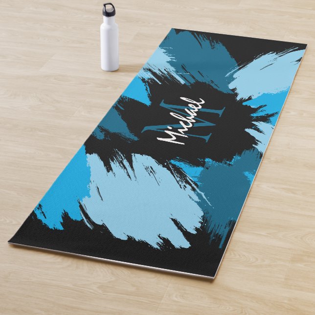 Brushstrokes shades of blue name with monogram yoga mat (In Situ)