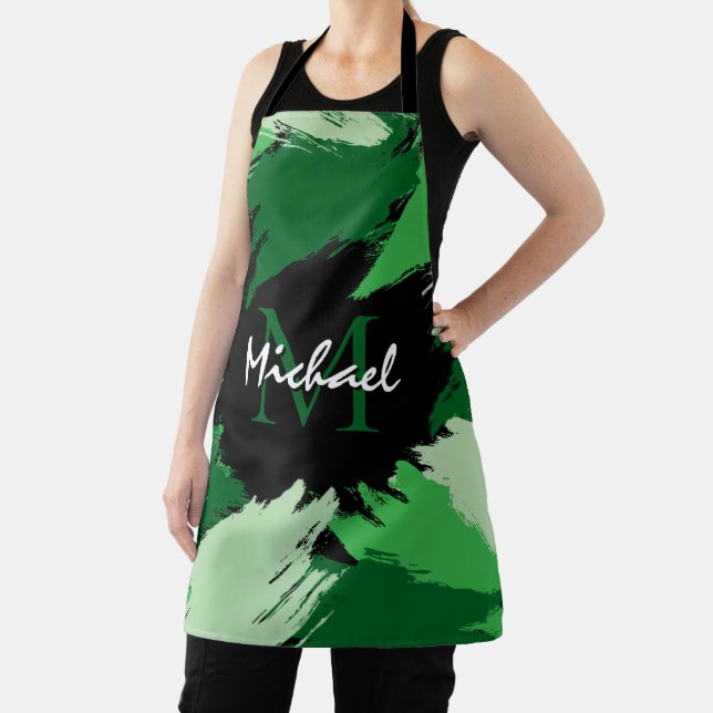 Brushstrokes shades of green name with monogram apron (Insitu)