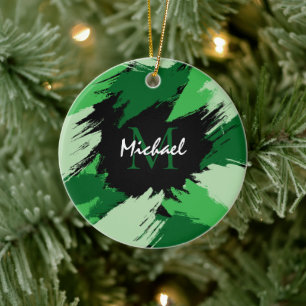 Brushstrokes shades of green name with monogram ceramic ornament