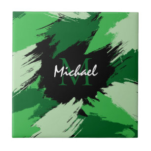 Brushstrokes shades of green name with monogram ceramic tile