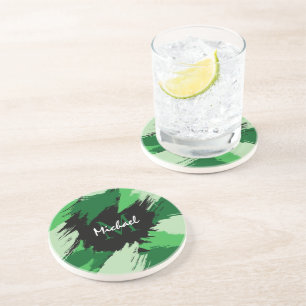 Brushstrokes shades of green name with monogram coaster