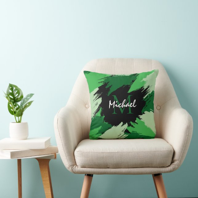 Brushstrokes shades of green name with monogram cushion (Chair)