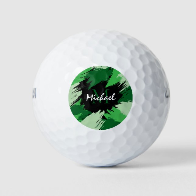 Brushstrokes shades of green name with monogram golf balls (Front)