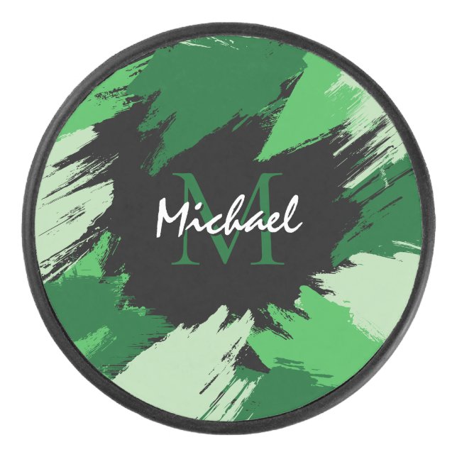 Brushstrokes shades of green name with monogram hockey puck (Front)