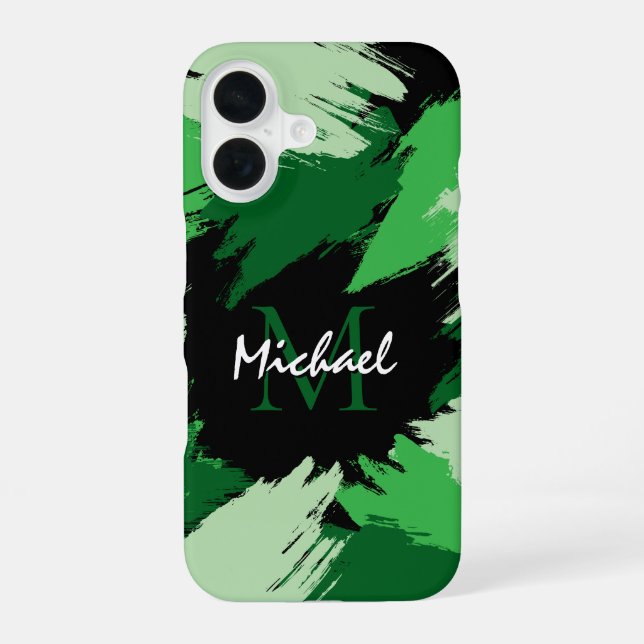 Brushstrokes shades of green name with monogram iPhone 16 case (Back)