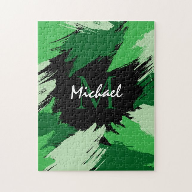 Brushstrokes shades of green name with monogram jigsaw puzzle (Vertical)