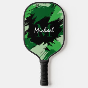 Brushstrokes shades of green name with monogram pickleball paddle