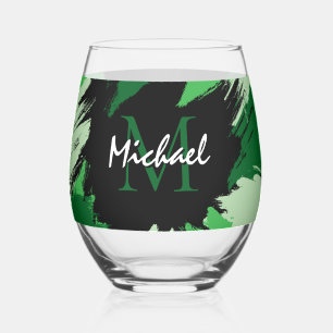 Brushstrokes shades of green name with monogram stemless wine glass