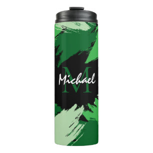 Brushstrokes shades of green name with monogram thermal tumbler