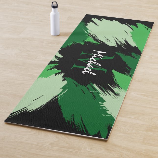 Brushstrokes shades of green name with monogram yoga mat (In Situ)