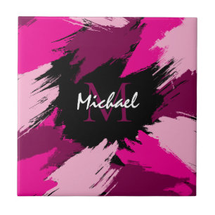 Brushstrokes shades of hot pink name with monogram ceramic tile