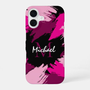 Brushstrokes shades of hot pink name with monogram iPhone 16 case