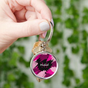 Brushstrokes shades of hot pink name with monogram key ring