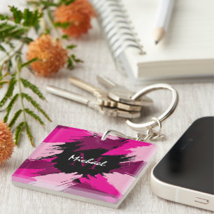 Brushstrokes shades of hot pink name with monogram key ring