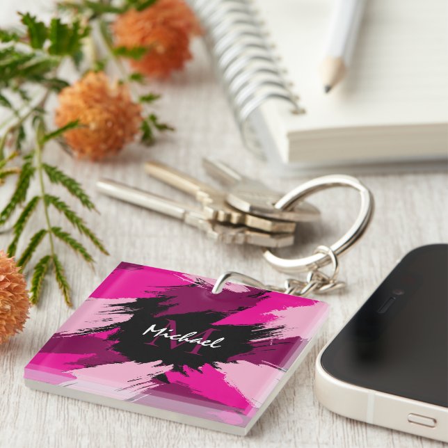 Brushstrokes shades of hot pink name with monogram key ring (Front Right)