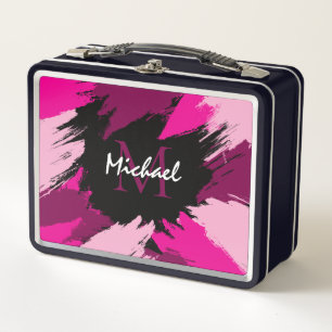 Brushstrokes shades of hot pink name with monogram metal lunch box