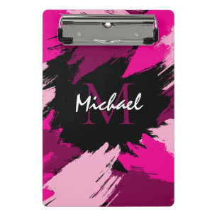 Brushstrokes shades of hot pink name with monogram mini clipboard