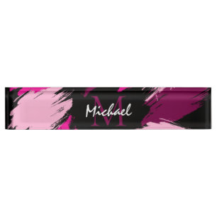 Brushstrokes shades of hot pink name with monogram nameplate