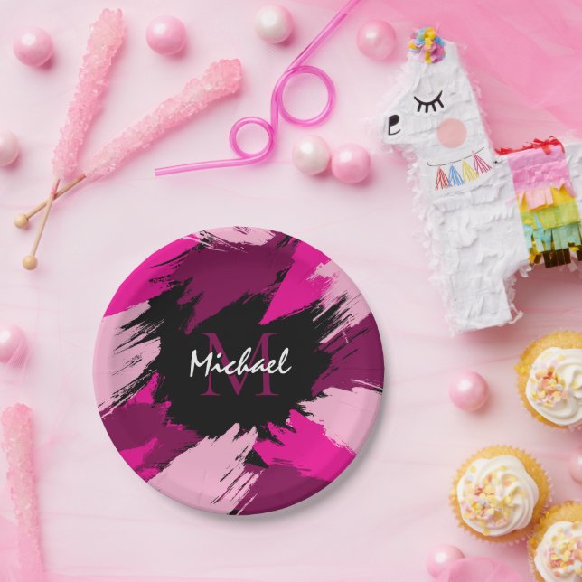 Brushstrokes shades of hot pink name with monogram paper plate (Party)