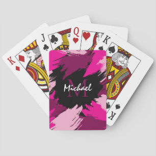 Brushstrokes shades of hot pink name with monogram playing cards