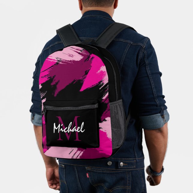 Brushstrokes shades of hot pink name with monogram printed backpack (Insitu (Model))