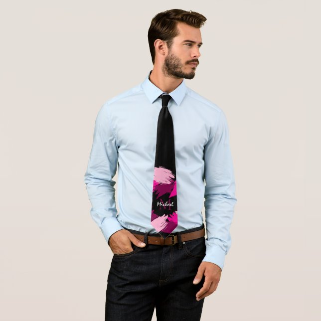 Brushstrokes shades of hot pink name with monogram tie (In Situ)