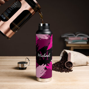 Brushstrokes shades of hot pink name with monogram water bottle