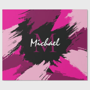 Brushstrokes shades of hot pink name with monogram wrapping paper