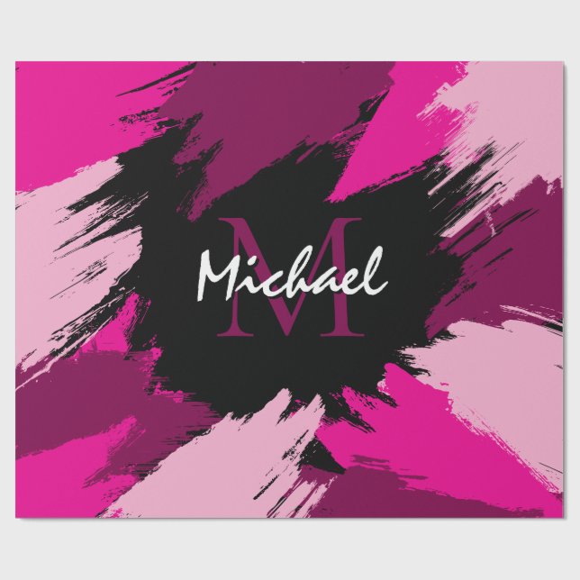 Brushstrokes shades of hot pink name with monogram wrapping paper (Flat)