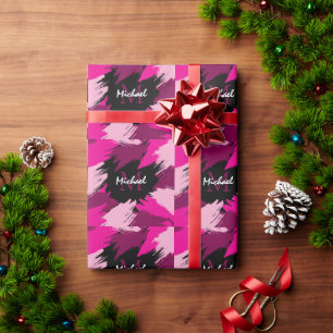 Brushstrokes shades of hot pink name with monogram wrapping paper