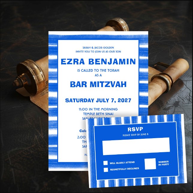 Brushstrokes Stripes Blue Custom Bar Bat Mitzvah Invitation (Brushstrokes Stripes Blue Custom Bar Bat Mitzvah Invitation
)