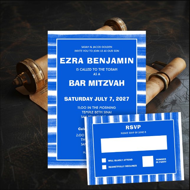 Brushstrokes Stripes Blue Custom Bar Bat Mitzvah RSVP Card (Brushstrokes Stripes Blue Custom Bar Bat Mitzvah RSVP Card
)