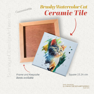 Brushy Watercolor Cat Ceramic Decorative Tile