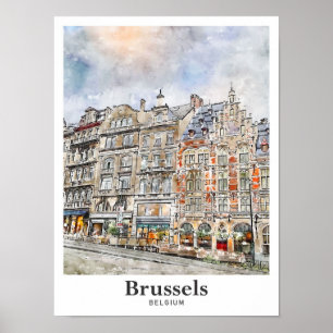 Brussels Belgium Art Travel Watercolor Hand Drawn Poster