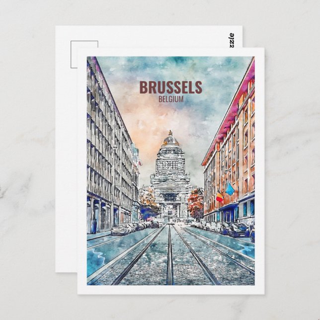 Brussels Belgium Famous Travel Watercolor Sketch Postcard (Front/Back)