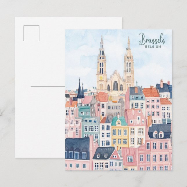 Brussels Belgium Gouache Paint Illustration Travel Postcard (Front/Back)