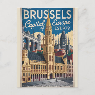 Brussels Belgium Retro Skyline Cityscape Travel Postcard