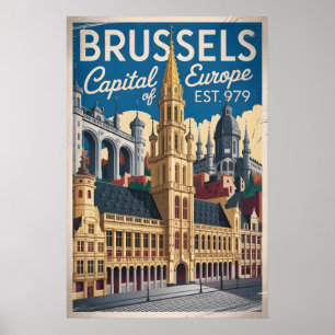 Brussels Belgium Retro Skyline Cityscape Travel Poster