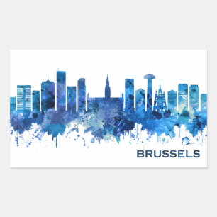 Brussels Belgium Skyline Blue Rectangular Sticker