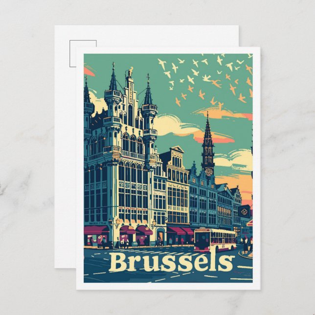 Brussels Belgium Vintage Travel Illustration Postcard (Front/Back)