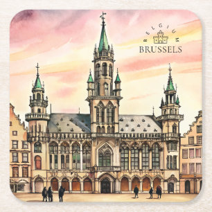 Brussels Belgium Watercolor Grand Palace Square Paper Coaster