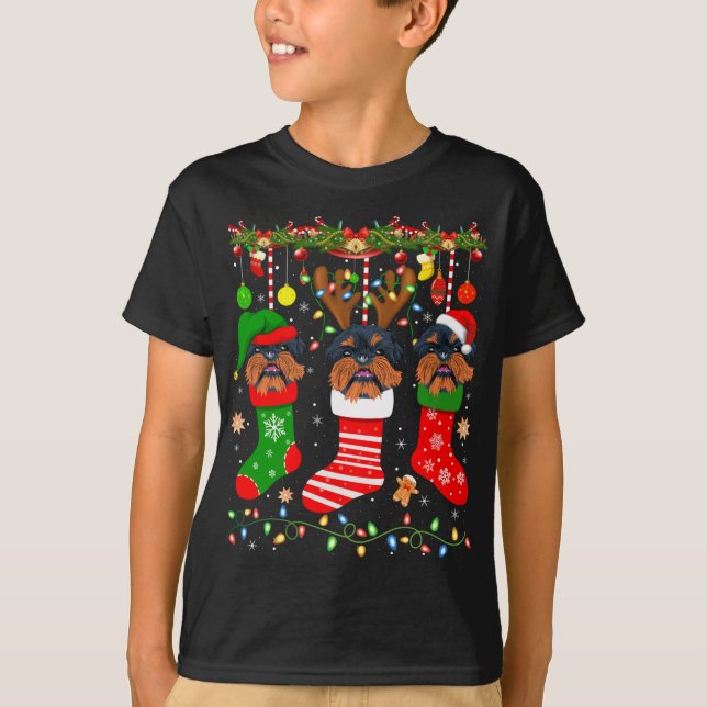Brussels Griffon Dog In Christmas Socks Lights Xma T-Shirt (Front)