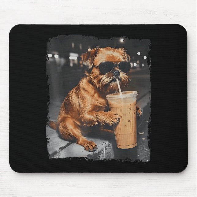 Brussels Griffon Drinking Iced Coffee Funny Dog Mouse Pad (Front)