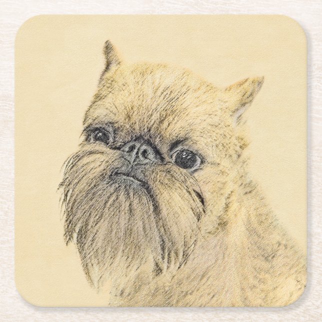 Brussels Griffon Painting - Cute Original Dog Art Square Paper Coaster (Front)